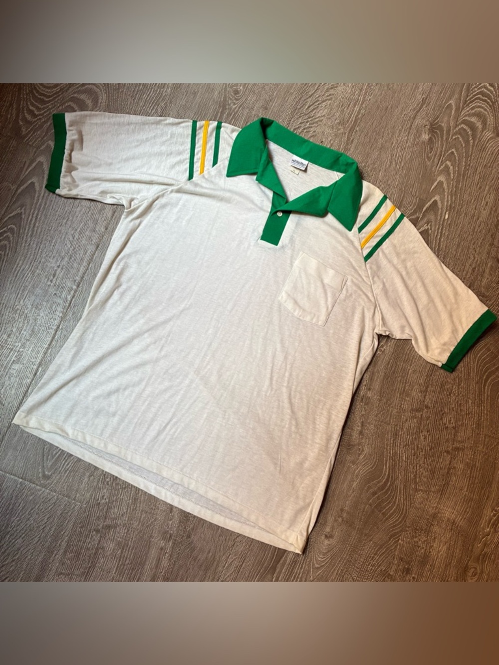 Vintage John Blair Polo Shirt XL Green Yellow Stripe Retro 70s 80s Pocket Tee